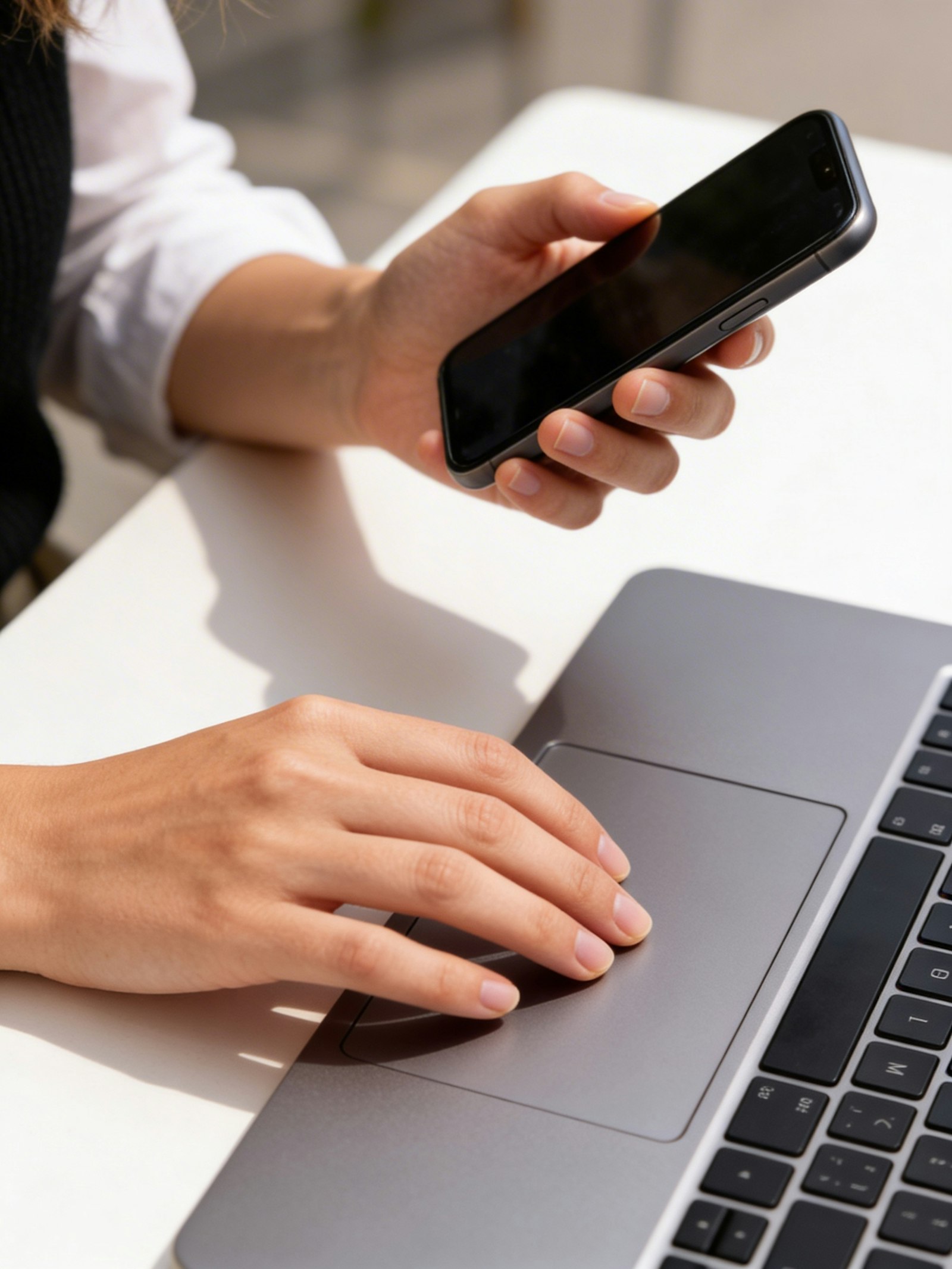 A hand holding a phone over a laptop, as a new enquiry comes in.